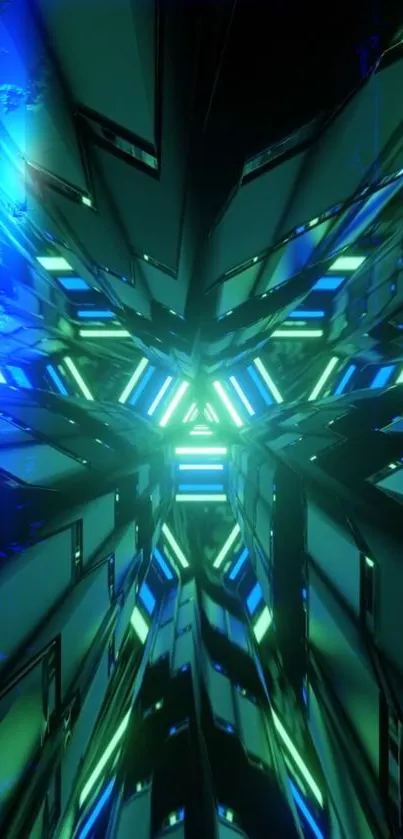 Futuristic neon green and blue geometric wallpaper.