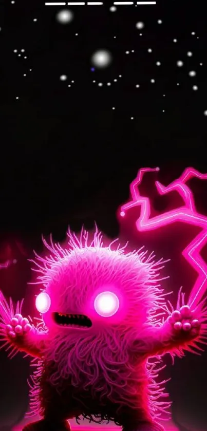 Neon pink furry monster with lightning on a dark background.