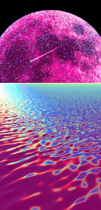 Futuristic neon moon reflecting over vibrant water surface.