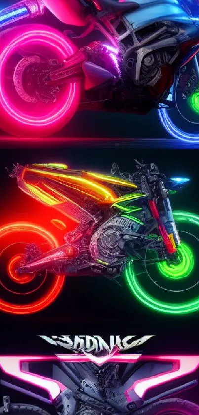 Futuristic motorbike with neon lights and vibrant colors in dynamic wallpaper design.