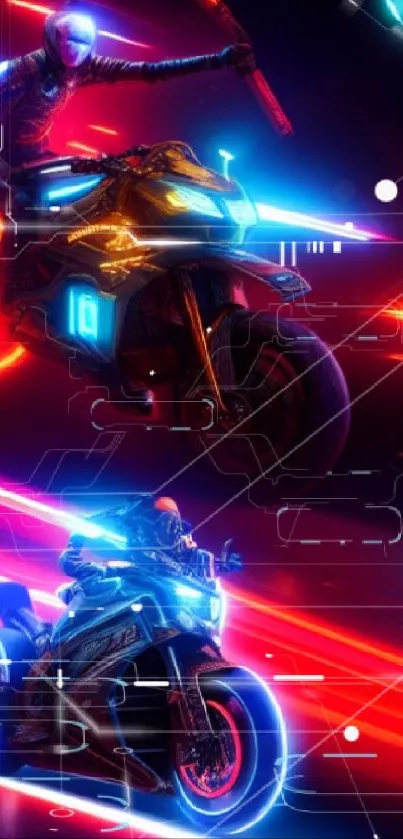 Futuristic neon motorcycles racing in a vibrant and colorful digital art.