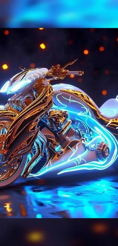 Futuristic neon motorcycle art with glowing lights.