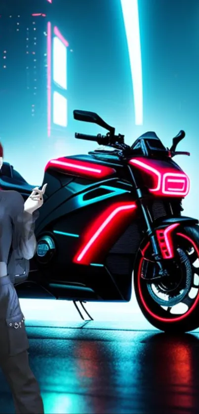 Futuristic neon motorcycle and character in a cyberpunk cityscape.