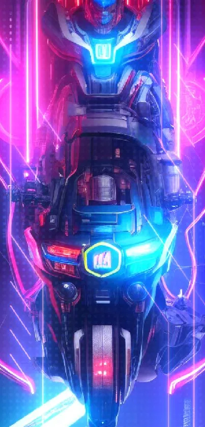 Futuristic neon-lit motorcycle artwork with a sci-fi theme.