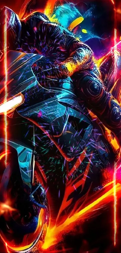 Neon motorcycle speeding in vibrant colors, perfect as a futuristic wallpaper.