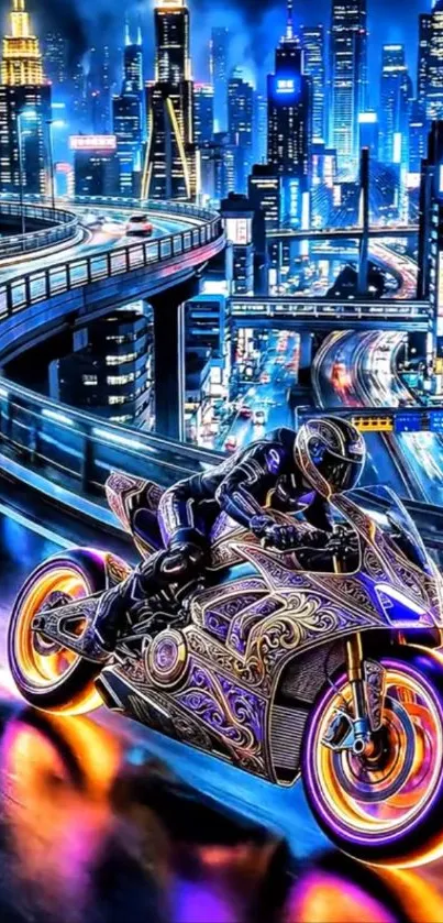 Futuristic motorcycle zooms through neon-lit urban nightscape.