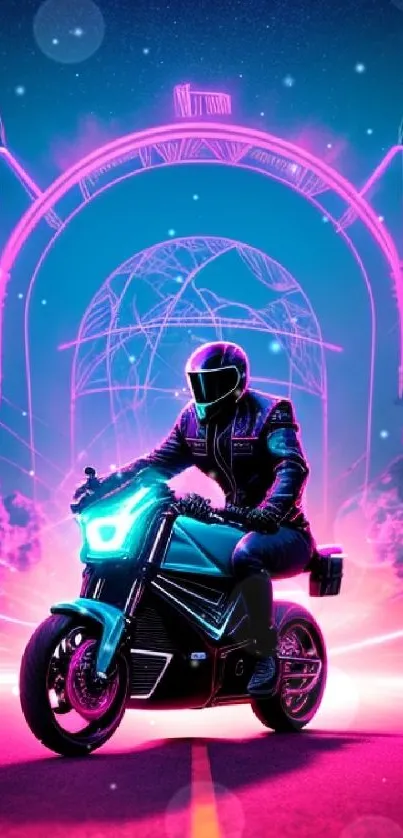 Futuristic motorcycle speeding through a neon-lit cityscape.