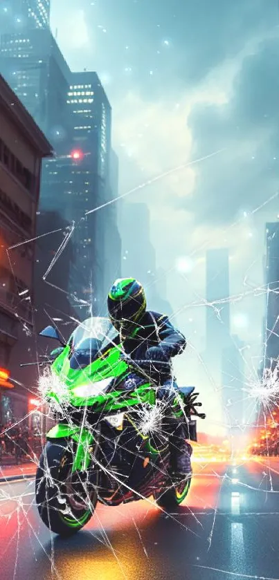 Neon green motorcycle in futuristic cityscape at night.