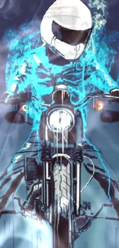 Futuristic biker with neon blue glow on motorcycle wallpaper.