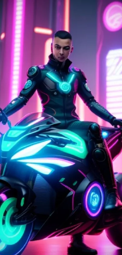 Futuristic character on neon motorcycle in a cyberpunk city.