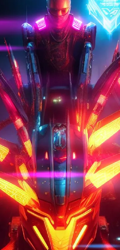 Futuristic neon helmeted rider on a glowing motorcycle with cyberpunk elements.