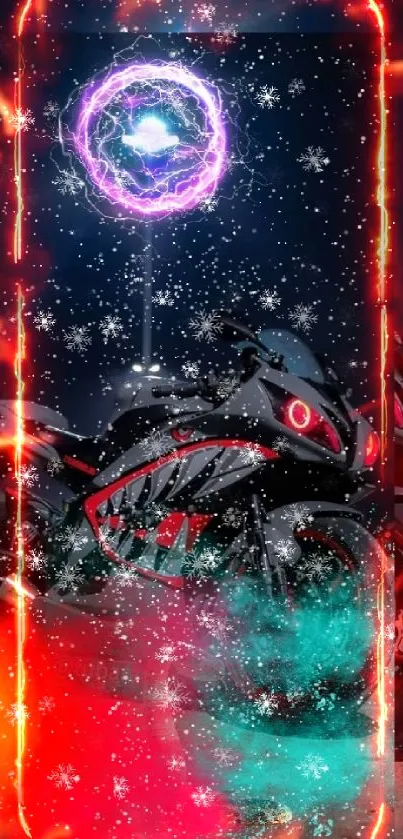 Sleek black motorcycle with neon effects and vibrant particles.
