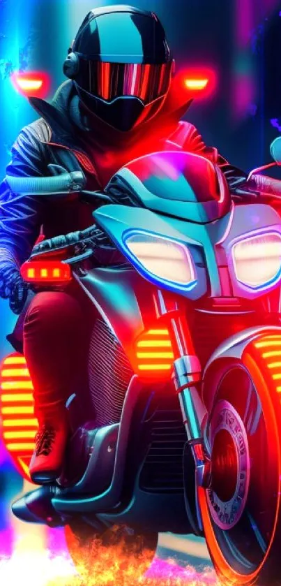 Futuristic neon motorcycle with vibrant lights in cityscape.