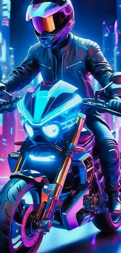 Futuristic neon motorcycle in a vibrant cityscape with glowing lights.