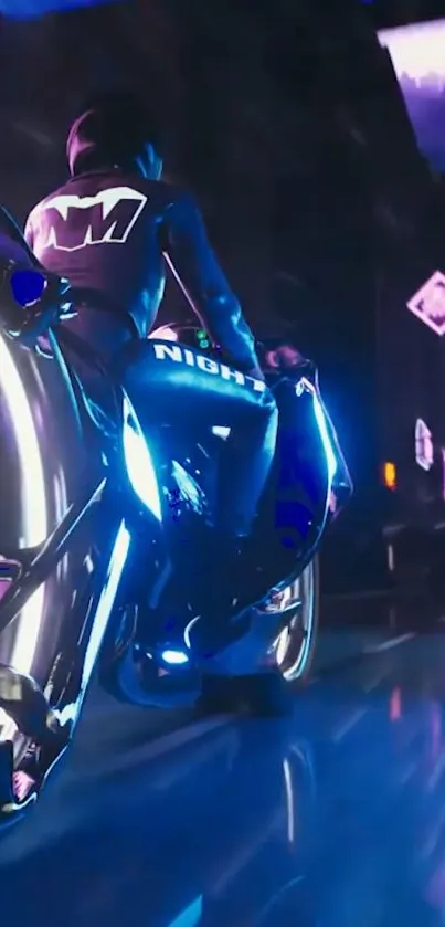 Futuristic neon motorcycle in cyberpunk cityscape.