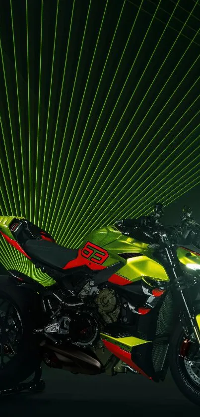 Neon green futuristic motorcycle with laser lights.