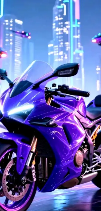 Futuristic motorcycle in neon-lit cityscape at night.