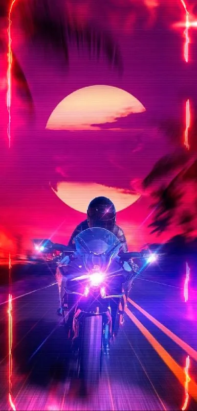 Futuristic neon motorcycle against vibrant sunset.