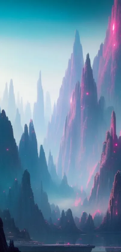 Futuristic landscape with neon-lit mountains reflecting in tranquil water.