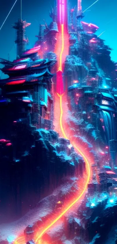 Futuristic neon-lit mountain with vibrant colors.