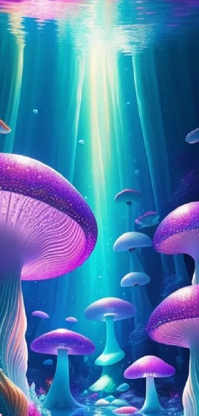 Vivid neon mushrooms in a surreal underwater forest scene.