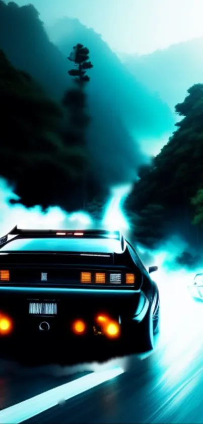 A futuristic car speeding on a neon-lit road through the mountains.