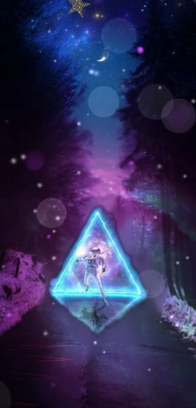 Neon triangle with cosmic night sky and purple hues, futuristic style.