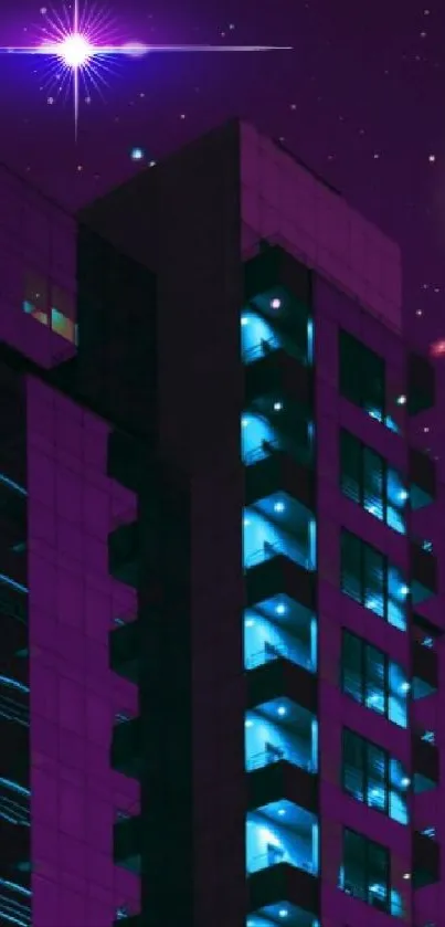 Futuristic skyscraper with neon lights under a purple night sky.