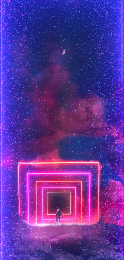 Futuristic neon nightscape with glowing geometric shapes under a starry sky.