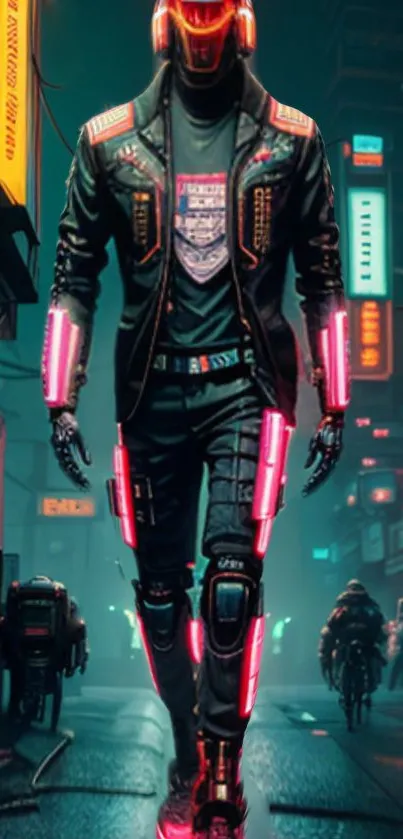 Futuristic figure in neon-lit cityscape.