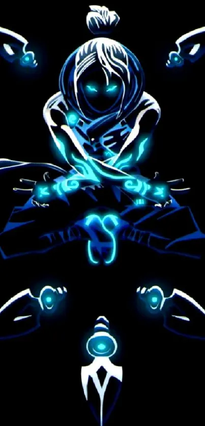 Futuristic neon ninja in blue on mobile wallpaper.