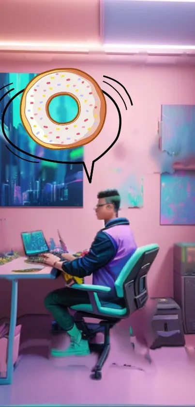 Futuristic neon office wallpaper with floating donut and vibrant colors.