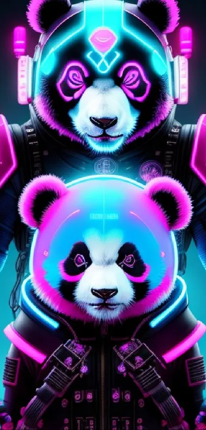 Vibrant neon wallpaper with futuristic pandas in glowing armor.