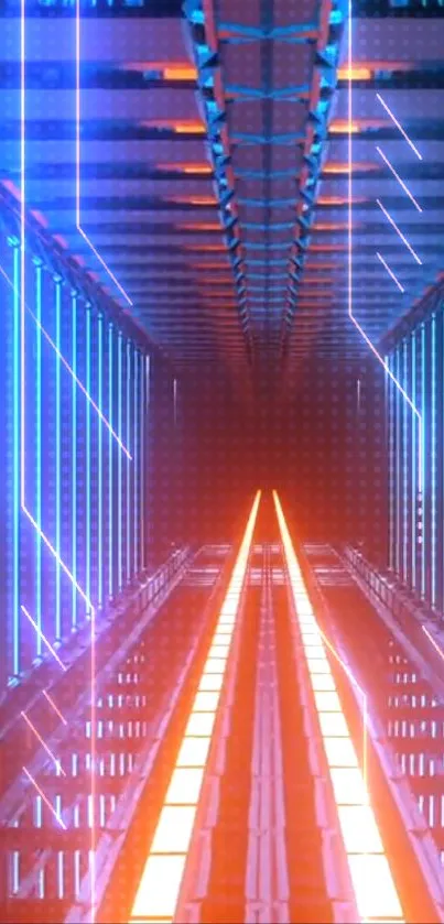 Futuristic neon pathway with electric blue and orange lights on phone wallpaper.