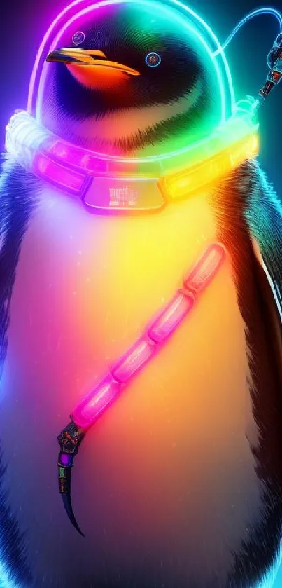 Futuristic penguin in neon colors, glowing with technology accents on a dark background.