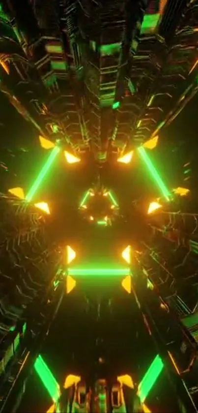 Futuristic neon green and orange geometric phone wallpaper.