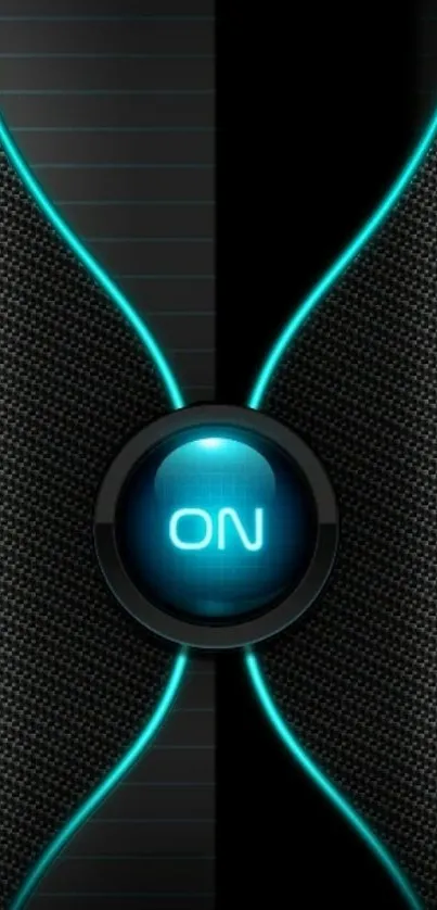 Futuristic neon wallpaper with glowing cyan button on black background.