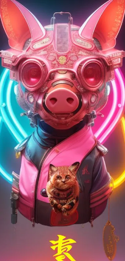 Futuristic neon pig with cat figure in vibrant neon lights.