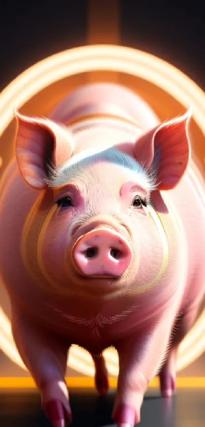Neon-lit pig with a futuristic orange glow and circular lights.