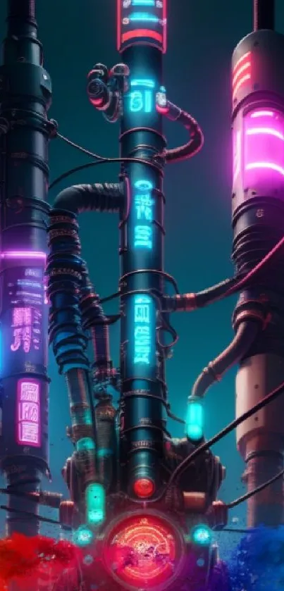 Futuristic wallpaper featuring neon pipes in blue and pink hues.