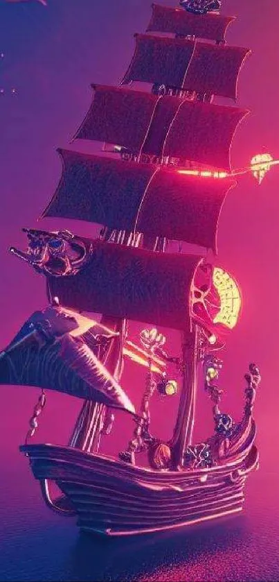 Futuristic neon pirate ship with vibrant magenta sky.