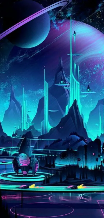 Futuristic neon space landscape wallpaper with planets.