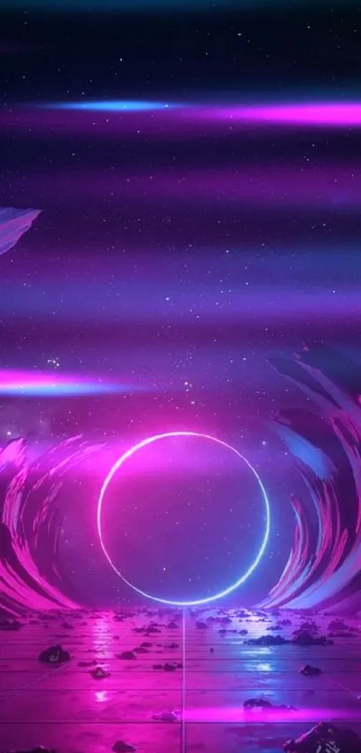 Futuristic neon portal with a cosmic background design.