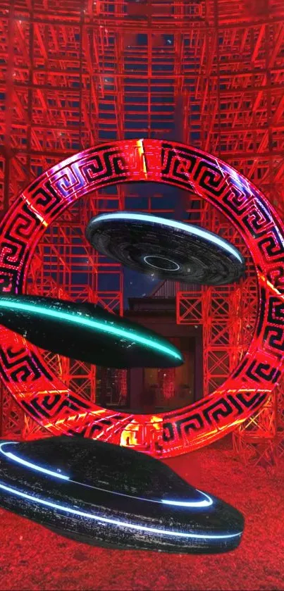 Futuristic neon portal with floating elements on red background.