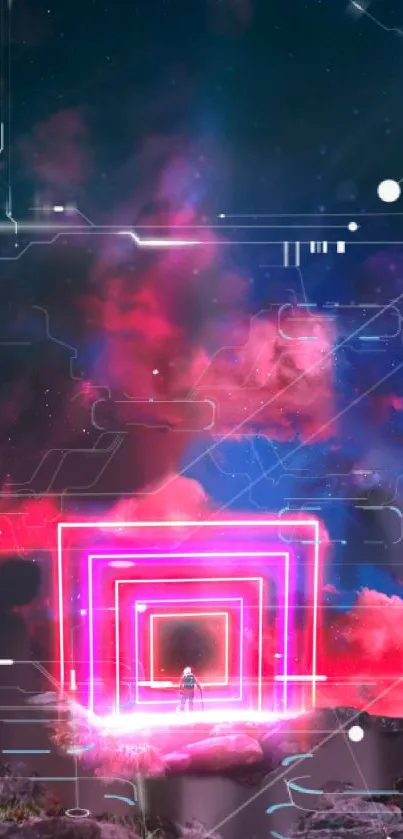 A futuristic neon portal under a vibrant cosmic sky, featuring digital artistry.