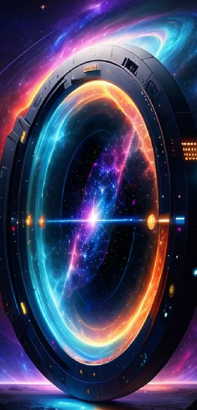 Mobile wallpaper with a futuristic neon portal and cosmic background.