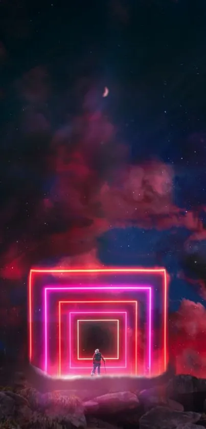 Futuristic wallpaper with neon portal under cosmic night sky.