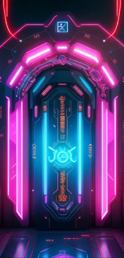 Futuristic neon portal wallpaper with bright pink and blue digital design.