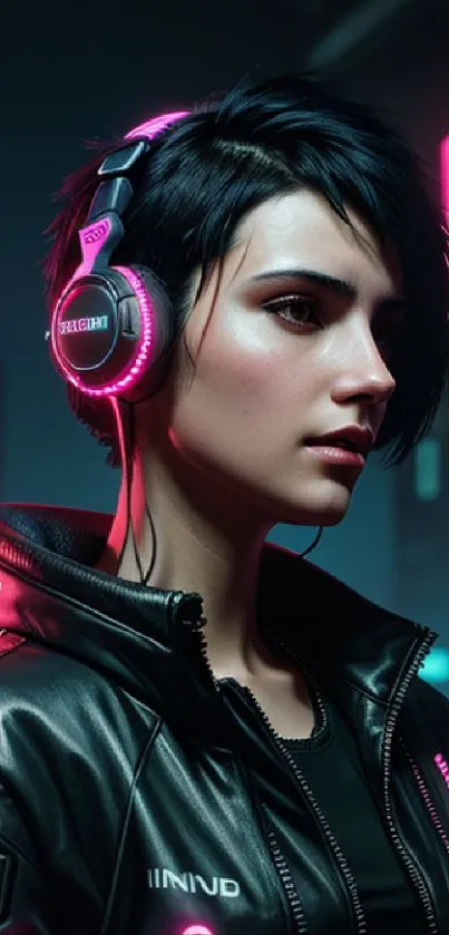 Futuristic woman with neon headphones in a cyberpunk scene.