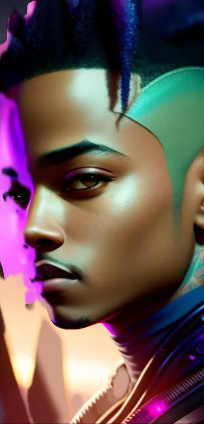 Futuristic neon portrait with vibrant purple hues.